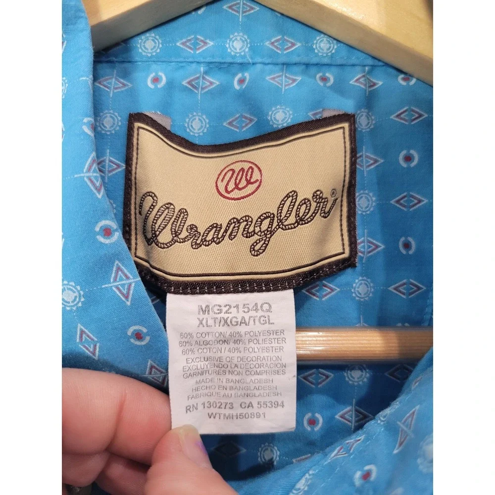 Wrangler Mens Blue Geometric Diamond Print Short Sleeve Button Down‎ Shirt XLT